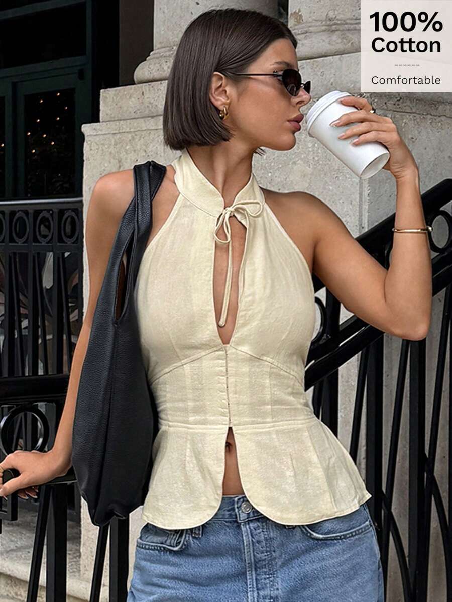 Siren Gaze 女式系带领修身镂空挂脖背心，前开衩无袖上衣'