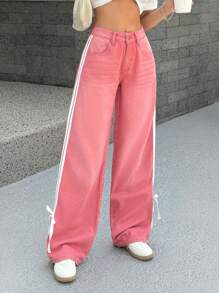 SHEIN EZwear 女式宽松侧条纹口袋阔腿休闲牛仔裤 - 粉色 - 查看 5