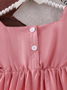 SHEIN Young Girls Pink Lace Trim Cinched Waist Tassels Pockets Embroidery Dress, Casual Cute Summer Outfit For Little Girls - Pink - View 3