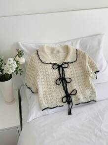 Comfortcana Women Summer Lace-Up Short Sleeve Cropped Cardigan - Beige - View 4