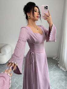 Yasmyna 女士紫色编织裹腰荷叶边袖阿拉伯风格连衣裙 - 紫色 - 查看 4