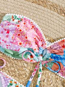 SHEIN Swim 2 件套复古花卉装饰抹胸可爱泳装套装