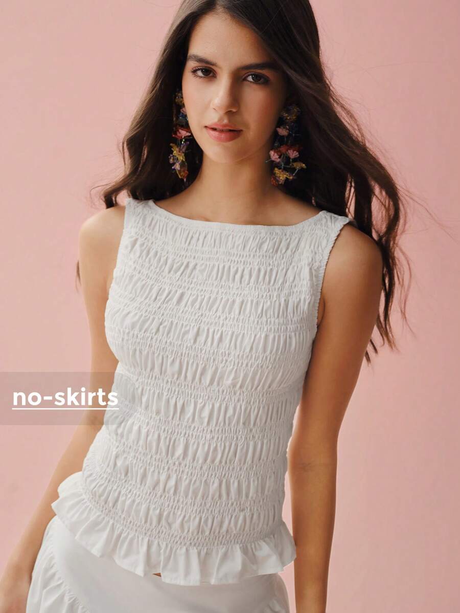 Enchnt 女士纯色褶皱圆领休闲背心 - 白色 - 查看 1