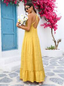 Vivid Eden 女士纯色针织连衣裙 女士春季服装 Fairycore 婚礼宾客礼服 女士海滩服装 露肩热带度假女士服装 - 黃色 - 查看 4