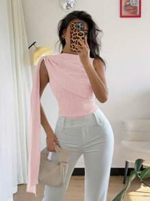 Chiquease Elegant Round Neck Pleated Design Sleeveless Women Blouse