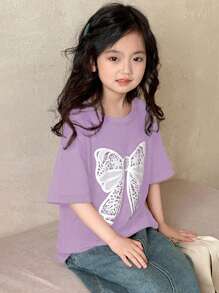 Dazy Kids 女童（小女孩）圆领针织短袖蝴蝶印花T恤，夏季 - 紫色 - 查看 5