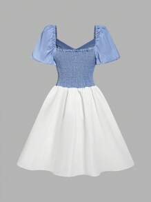 SHEIN Teen Girls' Short Sleeve Color Block Simple Fashion Summer Dress - Blue and White - View 2