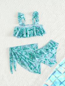 女孩油画薰衣草花卉印花双层荷叶边三件式比基尼泳衣，母女装（两件单独出售） - 彩色 - 查看 2