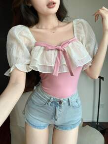 DAZY 情人节荷叶边撞色拼接修身抽绳女式衬衫 夏季情人节 - 粉色 - 查看 8