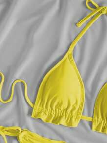 SHEIN Swim Women's Summer Beach Solid Color Halter Tied Sexy Yellow Bikini Swimwear Set