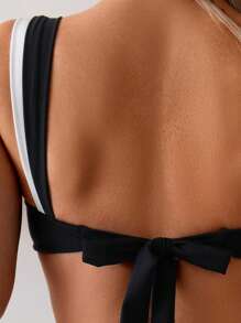 SHEIN Swim Women's Black And White Splice Wide Strap U-Neck Metal Decor Wrap Chest Swimwear Top, Summer - Black - View 5