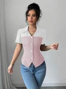 Calvaya Tweed Paneled Design Pearl Silver Edged Button Elegant Commuter Style Women Blouse Top