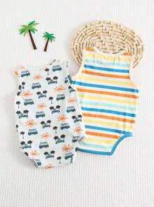 Cozy Pixies 2 Stück/Set Baby Jungen Cartoon Tier Muster gestrickte weiche Rundhals ärmelloser Lagen-Bodysuit Muster