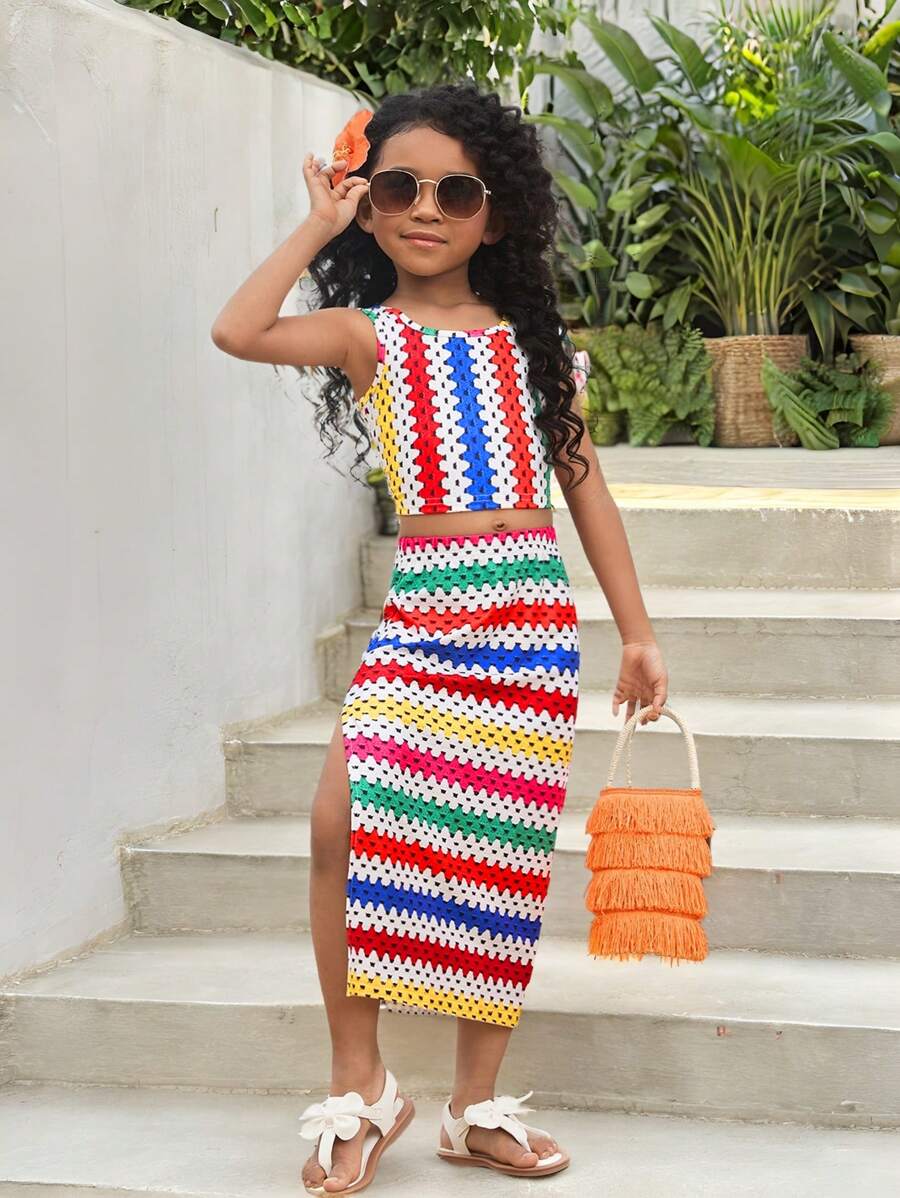 SHEIN 2 Pieces Set - Striped Crew Neck Camisole And Side Slit Midi Skirt For Young Girls - Multicolor - View 1