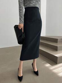DAZY Women's Elegant Commuter Solid Color Bodycon Slit Skirt,Pencil Skirt Fall Skirts - Navy Blue - View 5