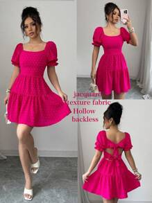 SHEIN Holidaya Swiss Dot Tie Backless Ruffle Hem Dress - Hot Pink - View 1