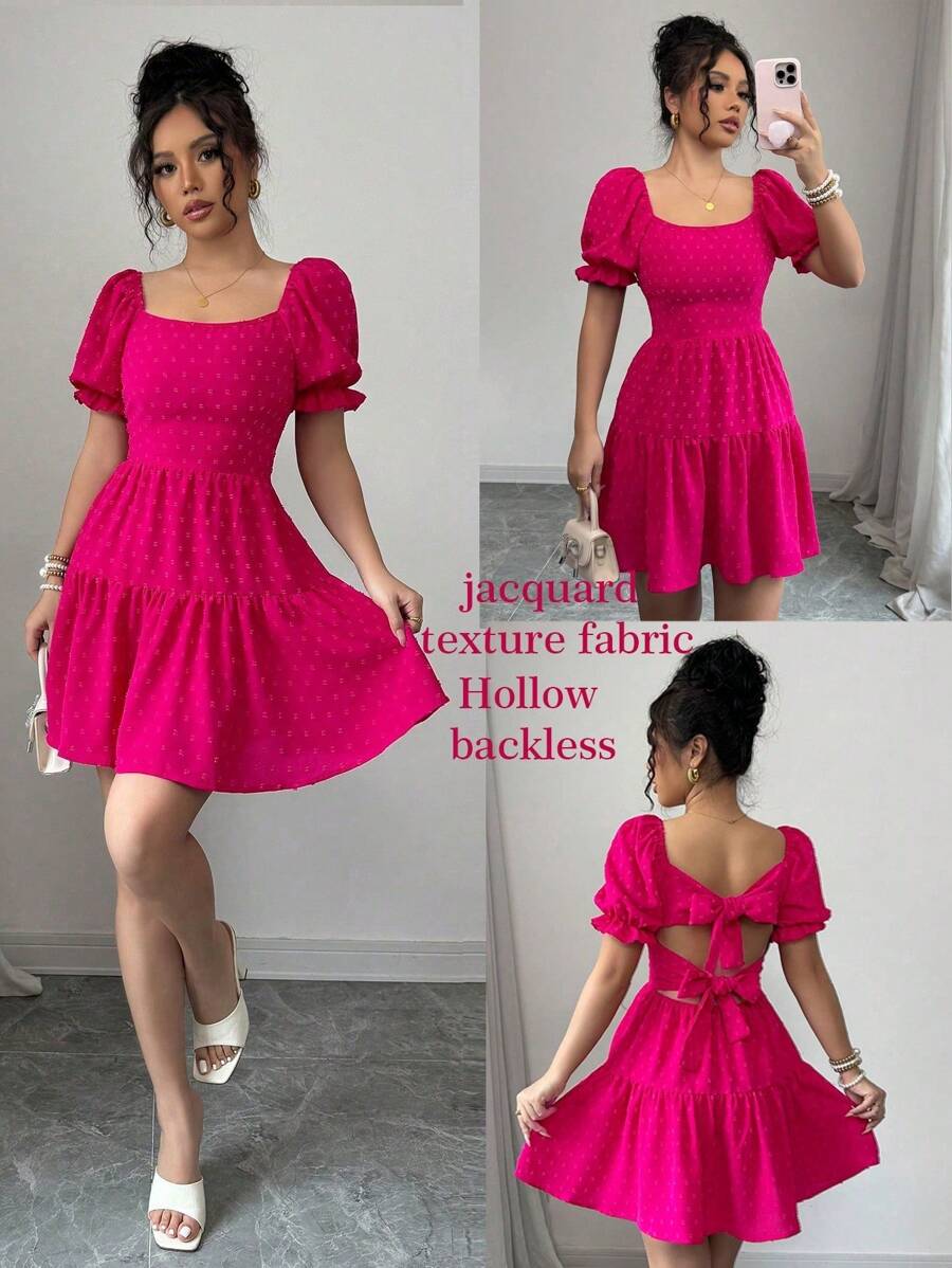 SHEIN Holidaya Swiss Dot Tie Backless Ruffle Hem Dress - Hot Pink - View 1