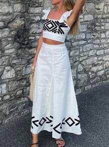 SHEIN VCAY Women's Spring Summer Boho 2pcs/Set Women Holiday Woven Printed Crop Cap Sleeves Top & High Waist Long Skirt Vacation Wear 2 Pieces Sets Woman Easter Outfit Women Beach Outfits For Woman Vacation Outfits Woman 2pcs/Set Beach Outfits For Woman