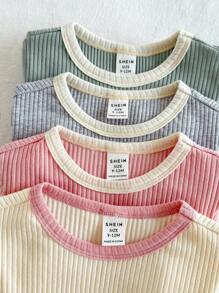 Loomiva 4 件套 女宝宝可爱纯色针织柔软圆领短袖上衣 - 西瓜粉 - 查看 6