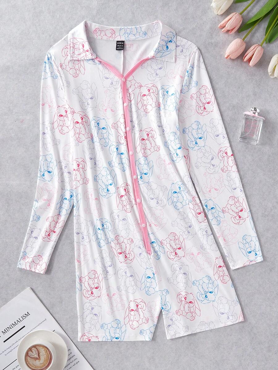 女士可爱卡通害羞兔子长袖连体睡衣 - 白色 - 查看 1