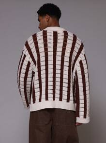 Musero Men Striped Knit Button Down Crochet Cardigan - Multicolor - View 3