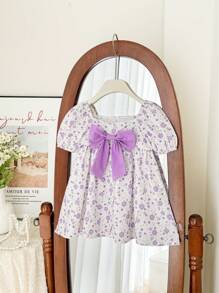 SHEIN Babygirl Cute Floral Pattern Bow Decor Summer Dress