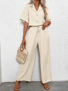 SHEIN LUNE 2pcs/Set Women Linen Short Sleeve Solid Color Top And Long Pants Suit - Apricot - View 3