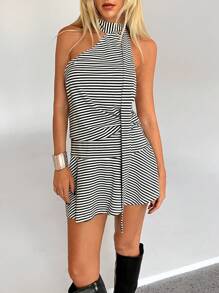 Aloruh Women's Halter Flare Backless Sexy Striped Ruffle A-Line Mini Dress - Grey - View 7
