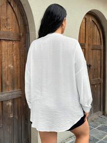 INAWLY 大码纯色长款休闲衬衫，春秋 - 白色 - 查看 2