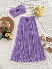 Soleia Green Pleated Crop Top And Long Skirt 2 Pieces Outfit, Vacation, Beach Holiday, Music Festival, Bohemian, Casual Date, Afternoon Tea,Summer Sets - Purple - View 1