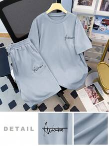 SHEIN 2 件套青少年男童休闲百搭舒适极具吸引力字母印花短袖 T 恤和短裤套装，都市休闲风格 - 藍色 - 查看 4