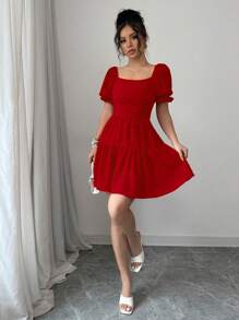 SHEIN Holidaya Vestido con volantes en el bajo, espalda descubierta y lunares para Año Nuevo, vacaciones y atuendos de playa para mujer - Rojo - Ver 3