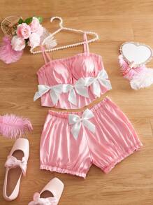 2 piezas Conjunto de lencería sexy para mujer con volantes y lazo exagerado en estilo de shorts bloomers, color rosa y blanco, para festival de música y fiestas - Rosa - Ver 8