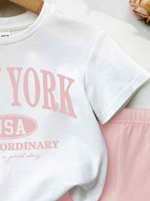 Baby Girl Casual Simple Short Sleeve Outfit, Suitable For Spring & Summer