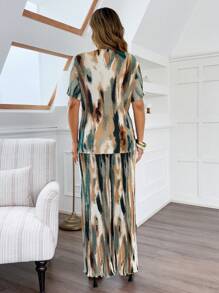 Flirla 2pcs Set Plus Size Crinkle Dye Printed Collared Short Sleeve Top And Straight Leg Pants - Multicolor - View 2