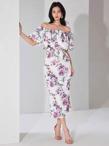 Heiryn Women's Floral Print Off Shoulder Long Dress With Ruffle Hem
