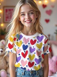 SHEIN Leap Crew Tween Girl Casual Minimalist Short Sleeve Crew Neck T-Shirt, Suitable For Summer - White - View 1