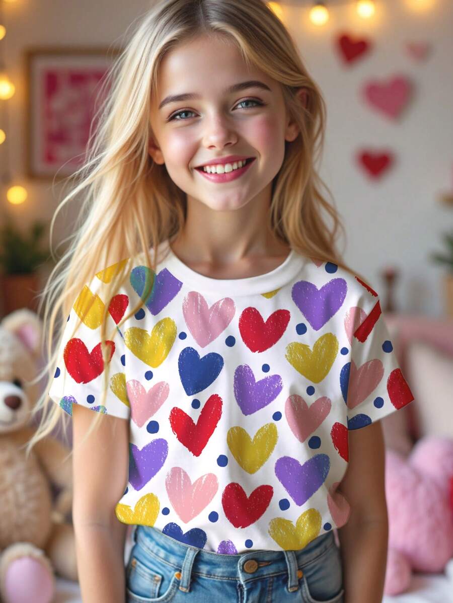 SHEIN Leap Crew Tween Girl Casual Minimalist Short Sleeve Crew Neck T-Shirt, Suitable For Summer - White - View 1