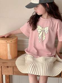 Dazy Kids Young Girls Bow Print Patchwork Short Sleeve Crew Neck Dress, Spring & Summer - Pink - View 3