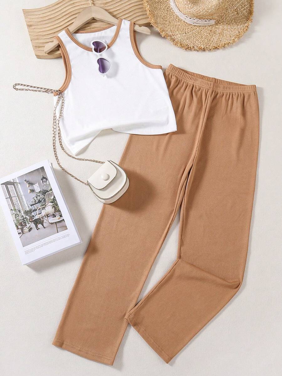 SHEIN Sparklyn 2 件 Tween Girl 白色背心和卡其裤休闲套装