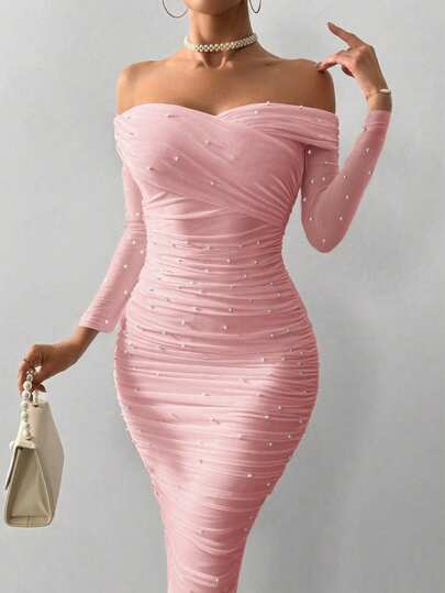 Firerie Women's Elegant White Open Shoulder Pearl Decorated Ruched Slim Fit Maxi Dress, Romantic For Party, Date Or Valentine's Day,Summer Dresses For Women