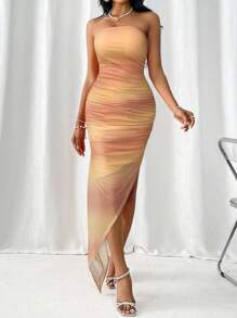 Firerie Damen Batik Muster Mesh gerafftes asymmetrisches trägerloses Kleid