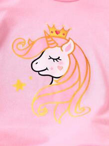 SHEIN Conjunto de 2 piezas para niña: Camiseta con estampado de unicornio lindo y falda de malla con lunares en capas, conjunto dulce para uso diario