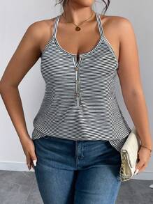 SHEIN LUNE Canotta da donna aderente a costine a righe di taglia forte con bretelle regolabili, stile casual da vacanza, modellante e che smagrisce, con dettaglio di chiusura a bottone sul retro, adatta per l'estate