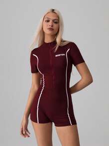 SHEIN Unity Zippered Contrast Trim Printed Bodycon Romper - Burgundy - View 7