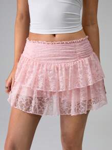 TRNVIE Women's Lace Ruffled Hem Ruched Skirt - Pink - View 3