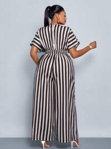 SOLERSUN 女士优雅条纹印花蝙蝠袖系带连体裤 - 黑色 - 查看 3