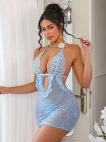 2pcs/Set Women Sexy Lace Hollow Out Ruffled Slip Dress And G-String Panty Set - Blue - View 1