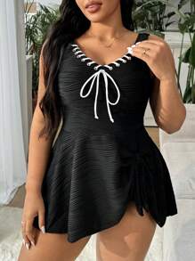 SHEIN Swim Curve 大码女式 2 件纯色系带前遮肚休闲度假海滩比基尼泳装套装