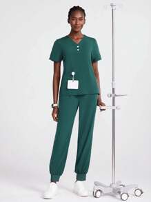 Scrubzie Button V Neck Design Four Pockets Scrub Sets Sporty Sets Comfortable Loose Beauty Salon Uniform, Nurse Short Sleeve Top & Drawstring Pants Set Women Scrubs For Women Women Scrub Sets Nurse Scrub Sets Women Scrub Sets For Women Essential Jogger Scrub Set Nursing Uniform Stretch V-Neck Top & Drawstring Cargo Pants Notch V-Neck Tuck In Top & Drawstring Straight Leg Pants Woman Scrub Set Nurse Beauty Salon Workwear Clinical Scrubs Top Pants Sets Spa Doctor Nursing Clinical Suit - Green - View 8